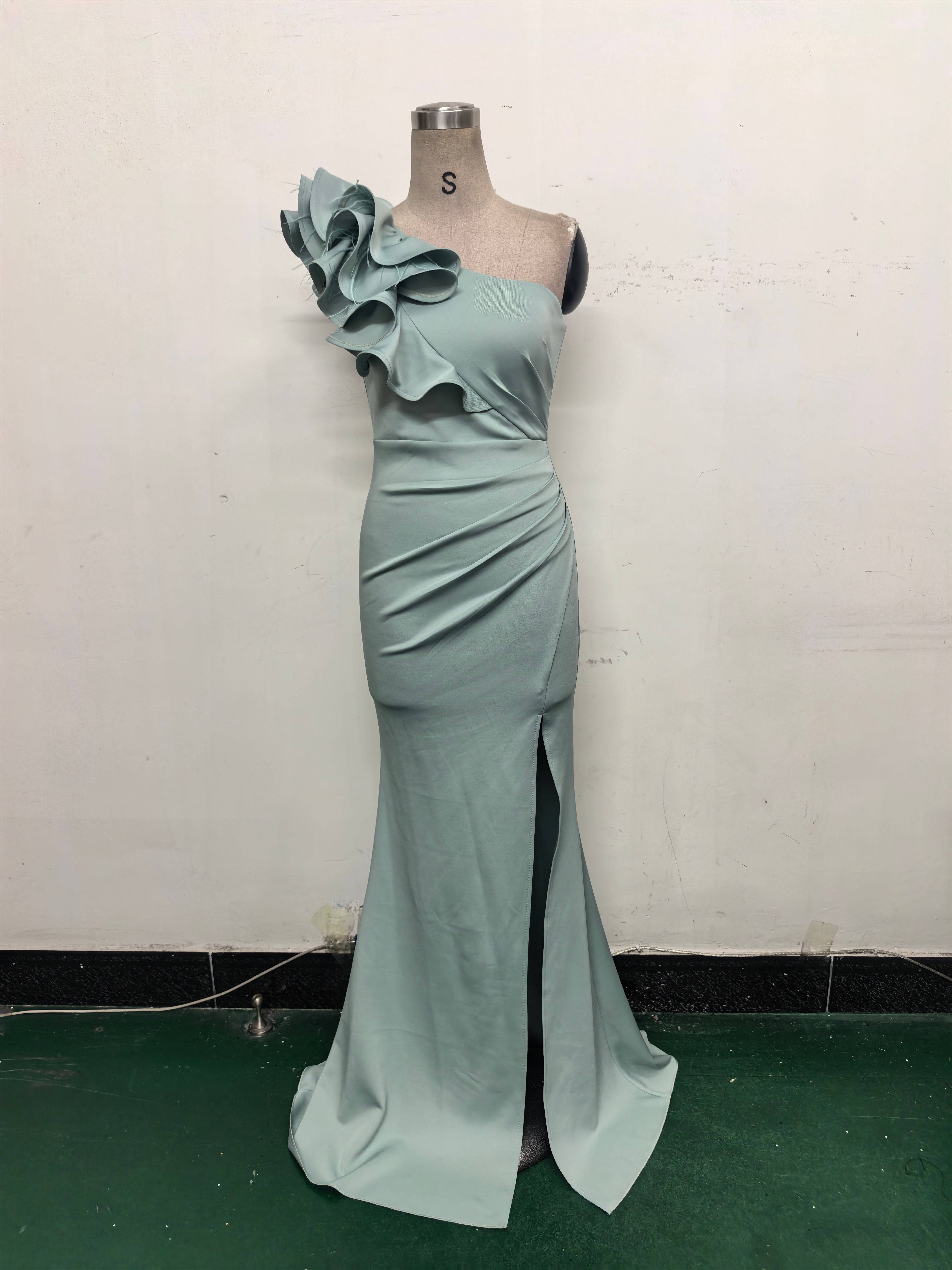 Women One-Shoulder Beaded Wool and Floral Satin Slit Sexy Evening Dress 37