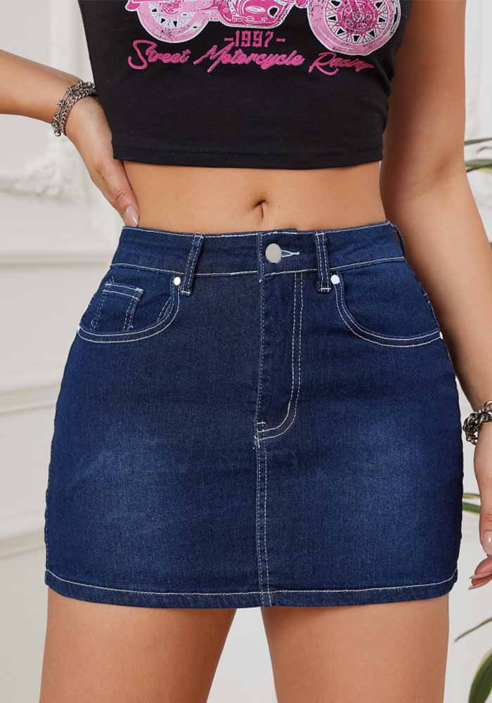 Women Washed Embroidered Stretch Denim Skirt