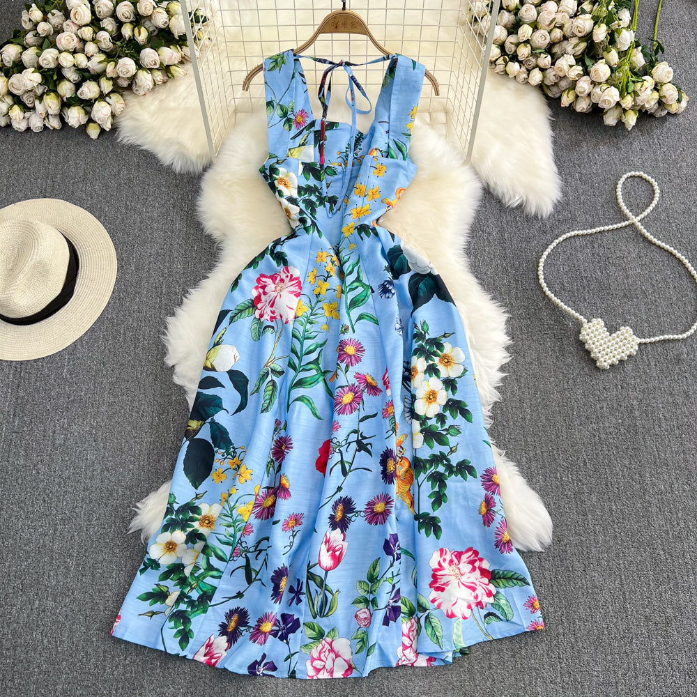 Retro Straps Fashionable Printed Slim Waist A-Line Dress Beach Holidays Long Dress 21
