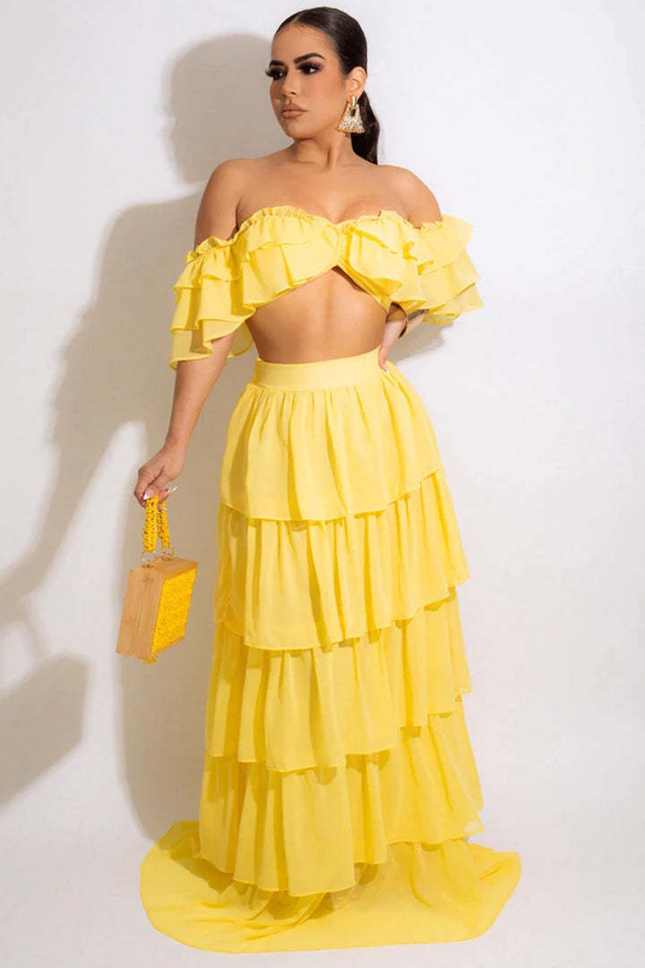 Stylish Off Shoulder Ruffled Two Piece Skirt Set