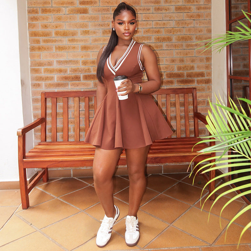 Women Patchwork Pleated V-Neck Sleeveless Dress 3