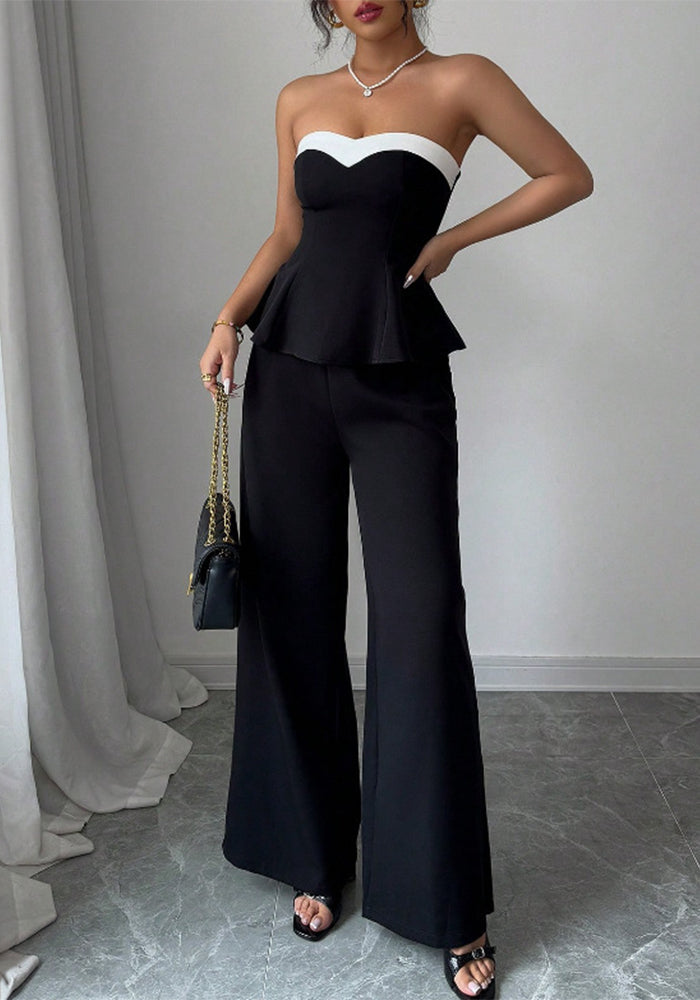 Women Summer Elegant Strapless Contrast Color Top and Pants Two Piece Set