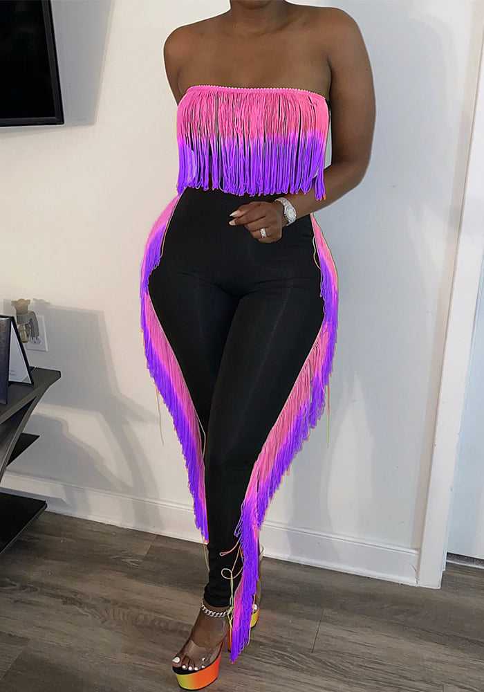 Women's Fashion Sexy Gradient Tassel Strapless Two-Piece Pants Set