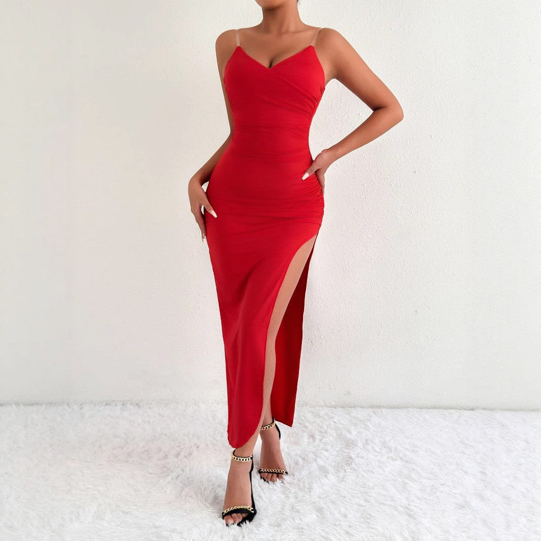 Women V-neck Sexy Backless Slit Suspender Sleeveless Dress 5