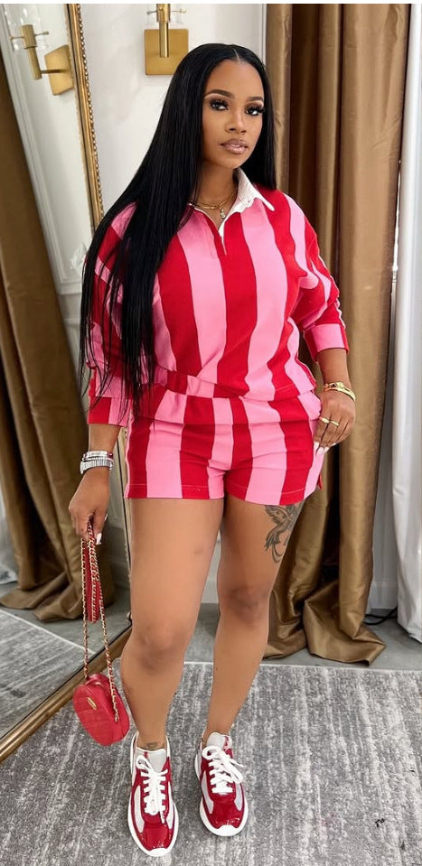 Spring Women Casual Striped Turndown Collar Top Shorts Two-Piece Set