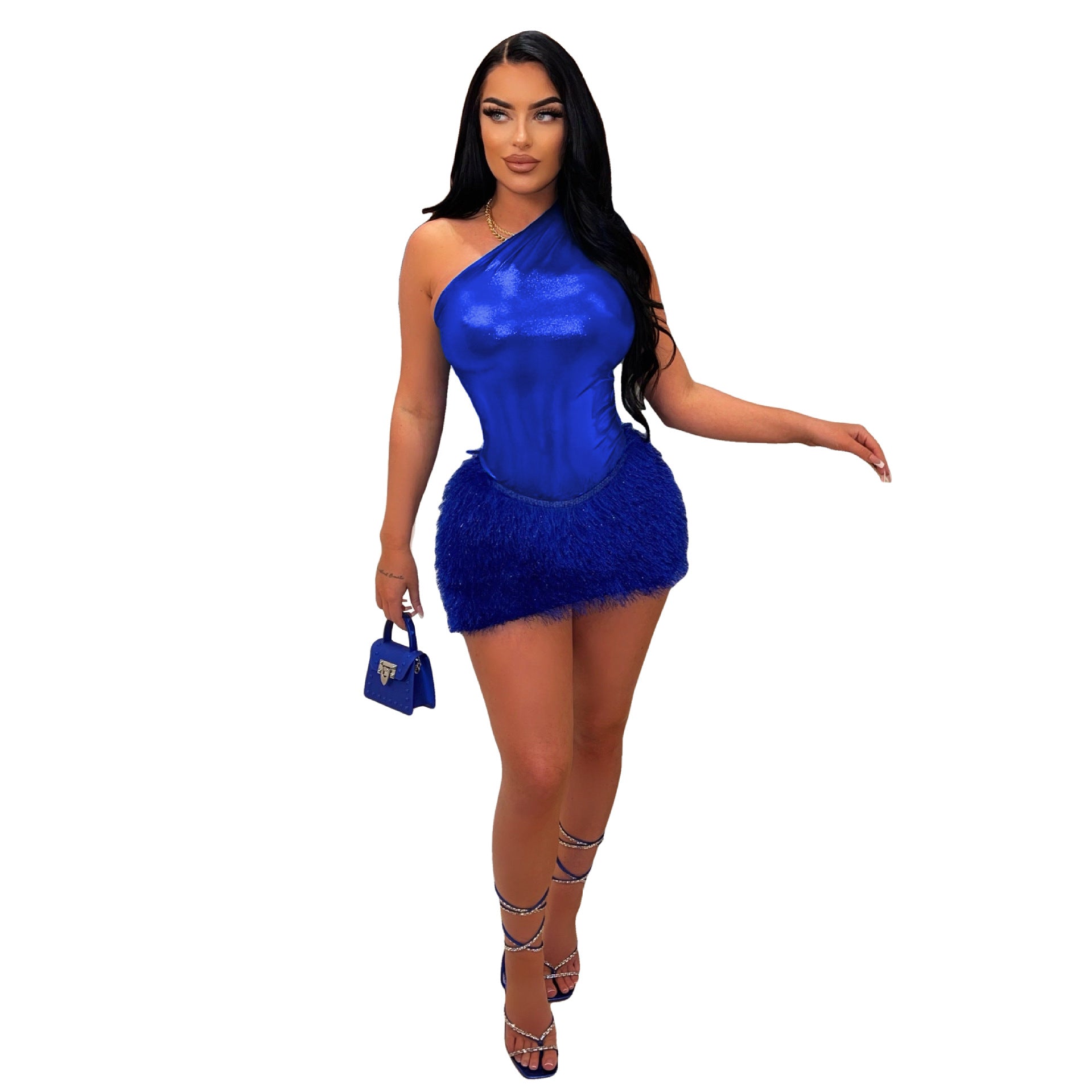 Women's Solid Color Glossy Bodysuit Sexy Short Skirt Two-Piece Set 13