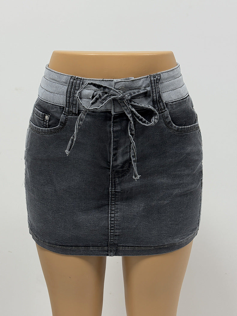 Short Contrast Color Drawstring Women's Bodycon Denim Short Skirt 9