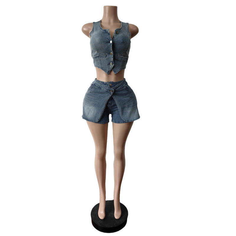 Elastic Denim Vest and Shorts Set for Women