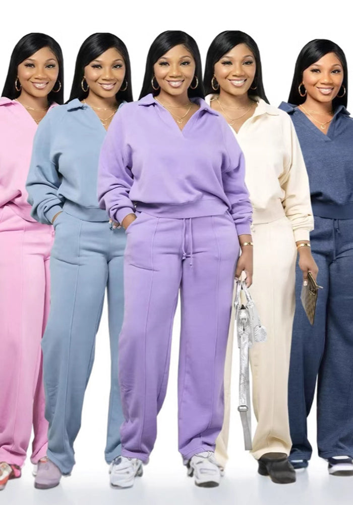 Women Fall/Winter Solid V-Neck Long Sleeve Casual Top and Pants Two-Piece Set