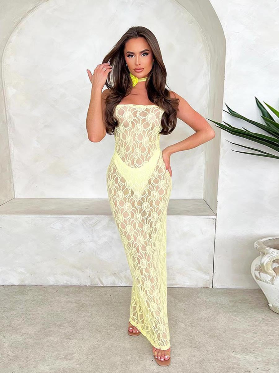 Summer Sexy Lace See-Through Strapless Dress for Women 5