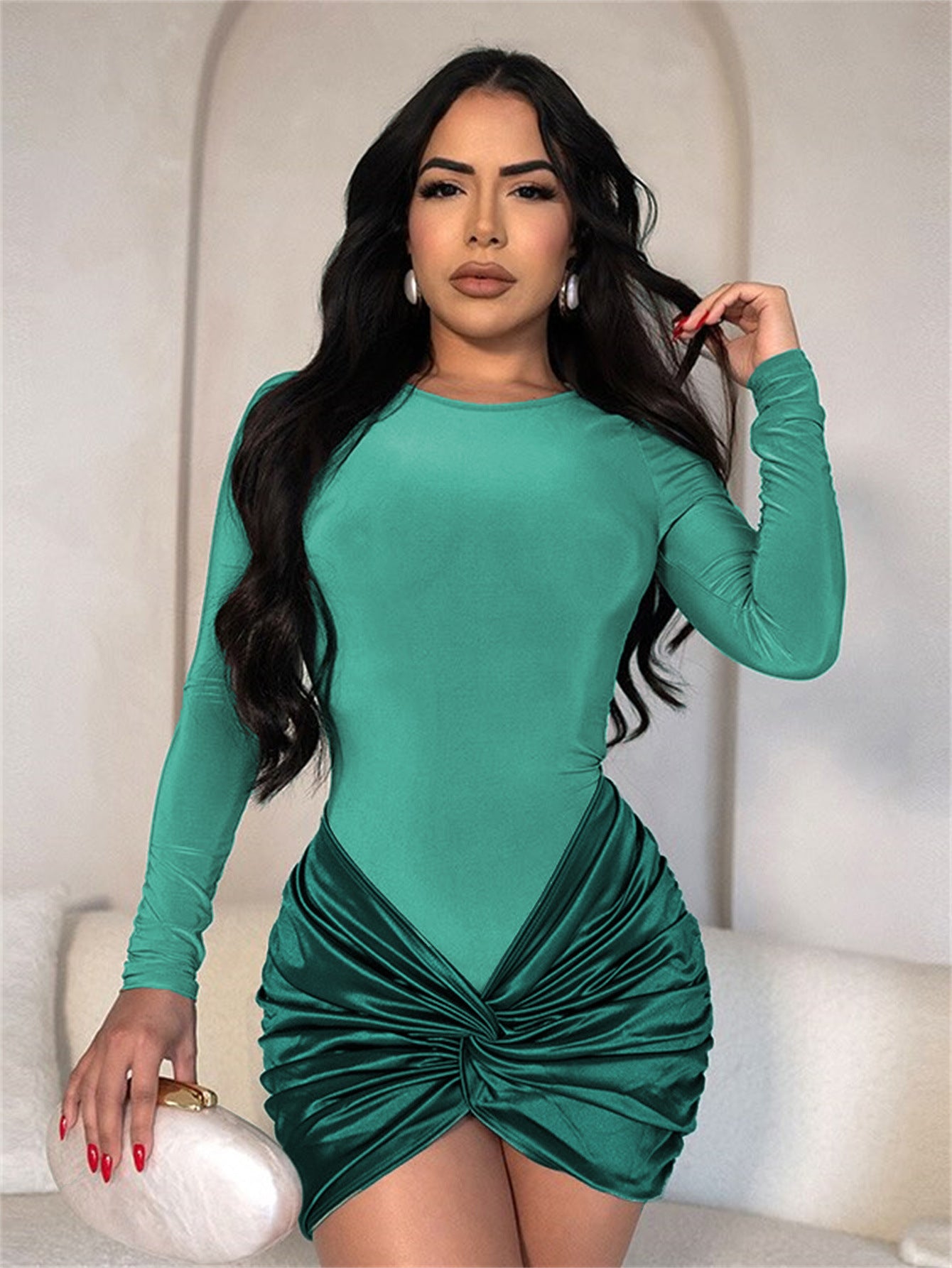 Fashion Chic elegant solid color slim sexy pleated Bodycon Long-sleeved short dress for women 10