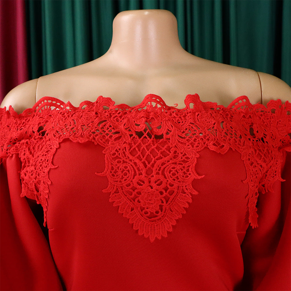 Women Off Shoulder Puff Sleeve Lace Patchwork Formal Party Mermaid Dress 40