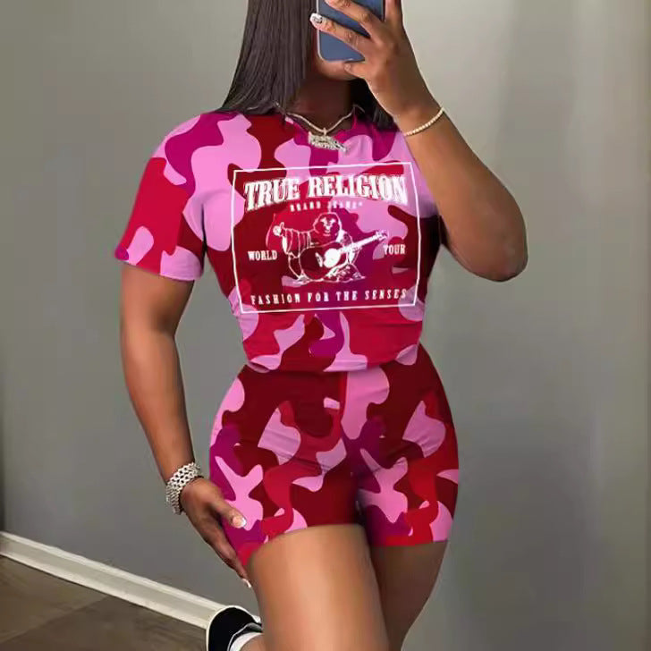 Fashionable Casual Trendy Printed Short-Sleeved Two Piece Shorts Set 7
