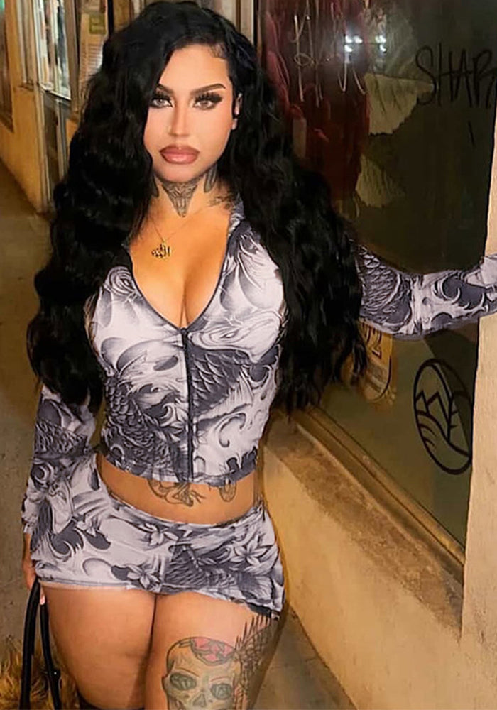 Women's Summer Autumn Zipper Round Neck See-Through Print Long Sleeve Two Piece Shorts Set