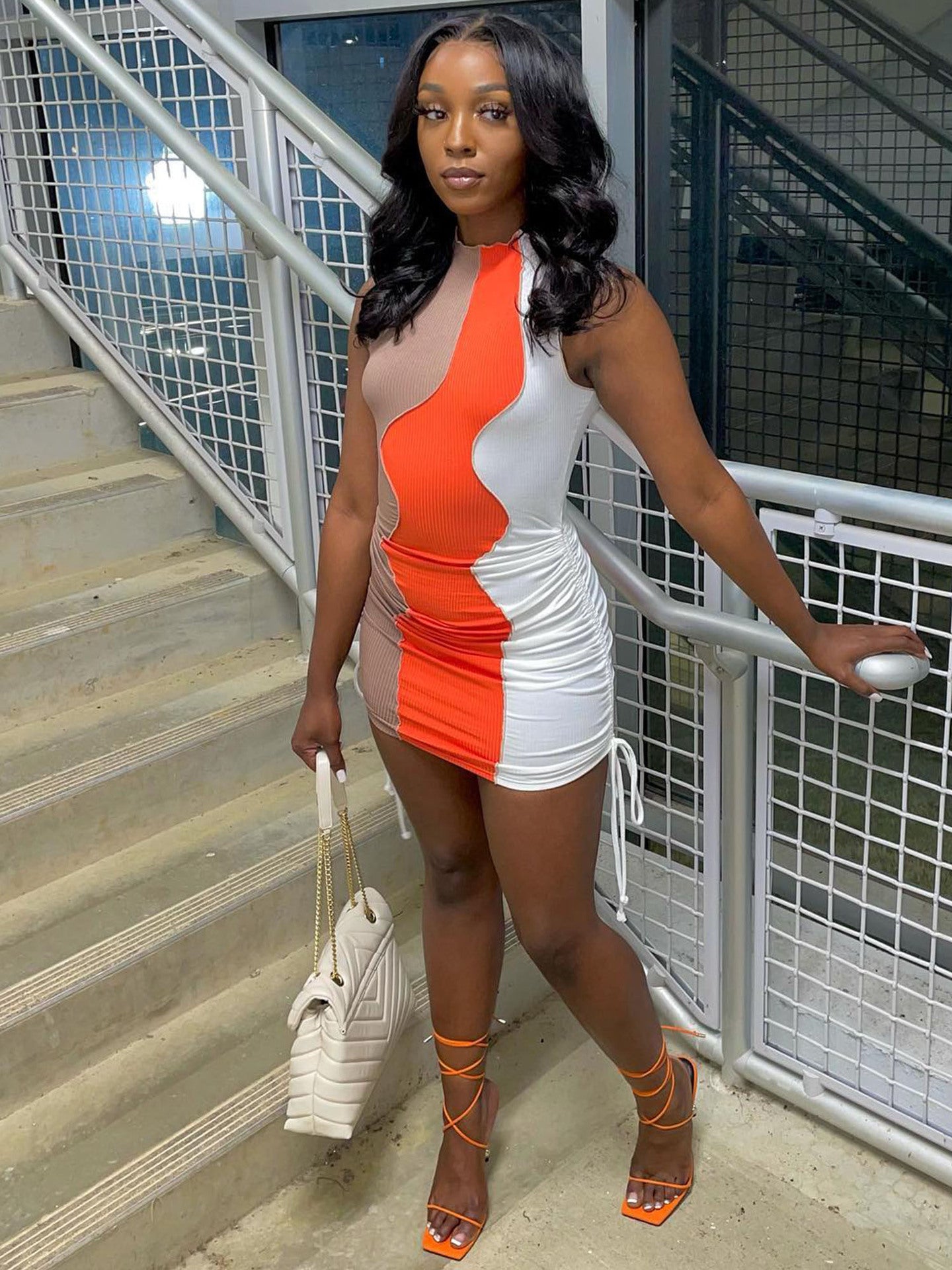 Women Sexy Ribbed Contrast Patchwork Bodycon Dress 5