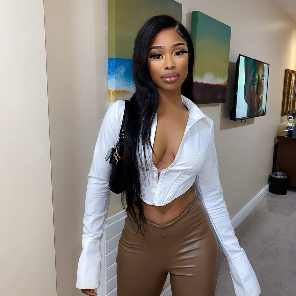 Women Sexy Long Sleeve Crop Shirt 5