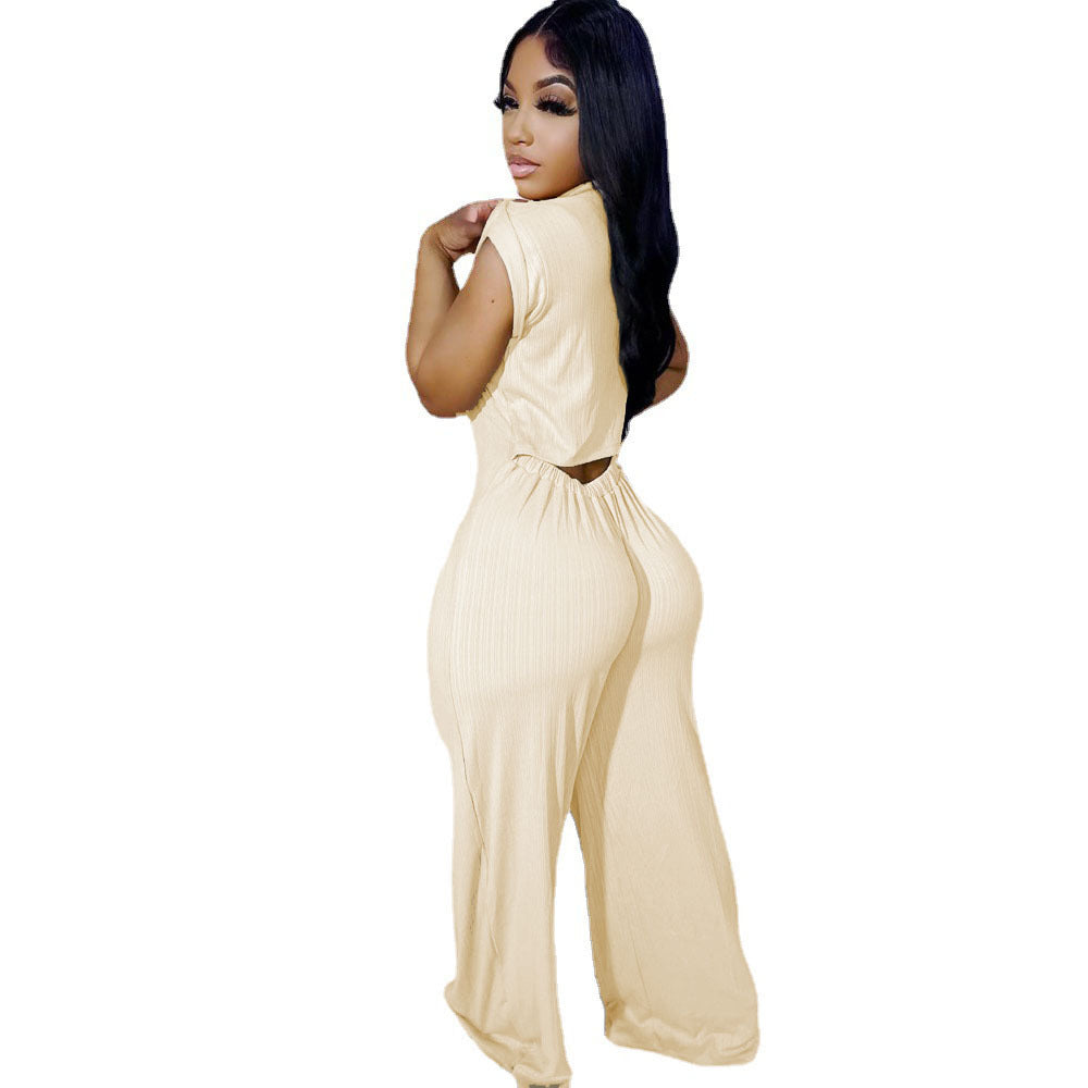 Button Elastic Short Sleeve Stand Collar Wide Leg Jumpsuit 7