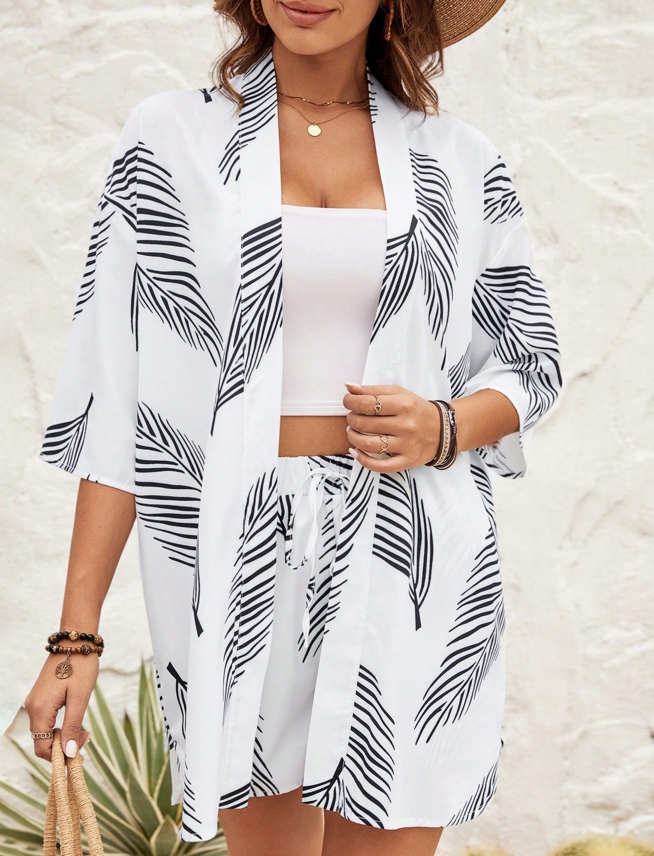 Spring Summer Women's Fashion Print Casual Holidays Cardigan Shorts Set 17