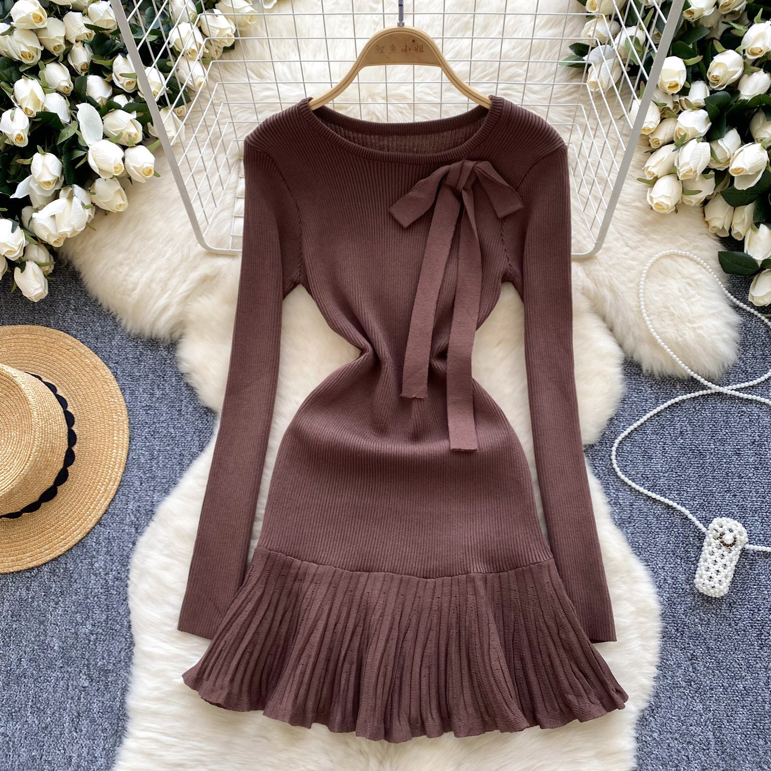 Women French knitting dress with bow and ruffles 7