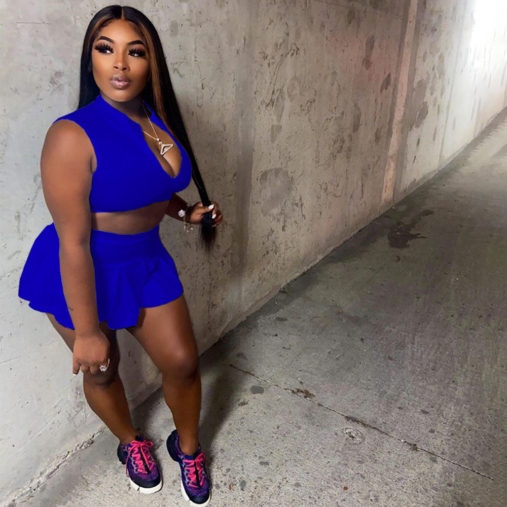 Solid Vest Pleated Skirt Sexy Casual Set 7