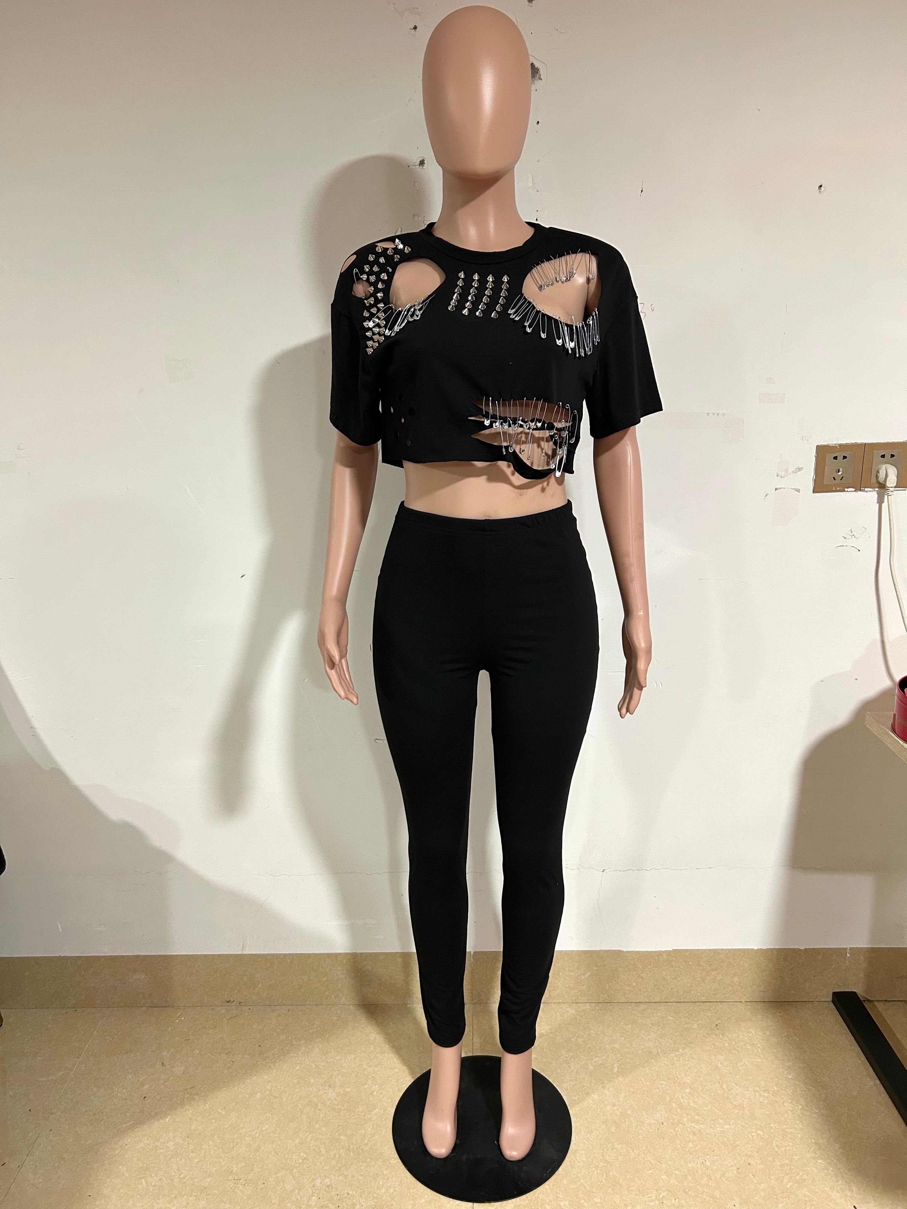 Spring/Summer Casual Ripped Pin Short Sleeve T-Shirt Pants Set 7