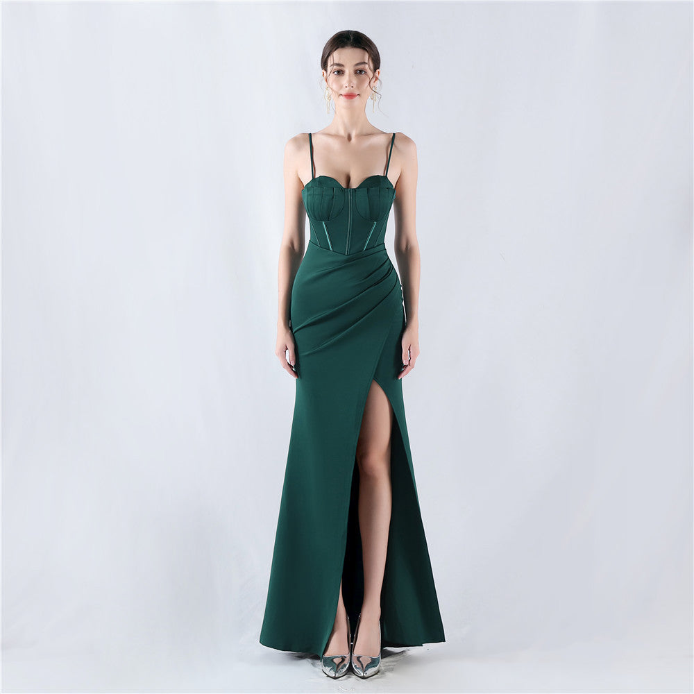 Fishbone Slim Waist Solid Color Satin Evening Dress 7