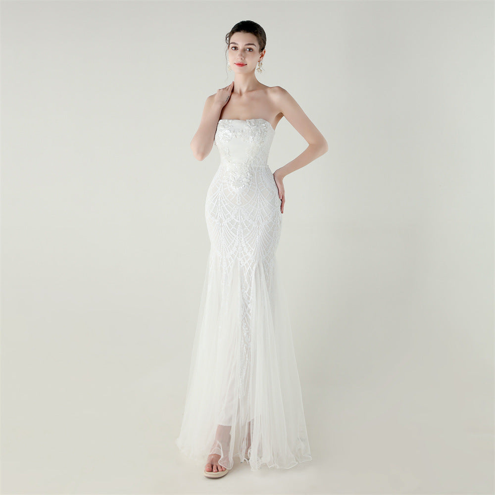 Women Strapless cross Lace-Up sequined tube flower sequined mesh evening dress Formal Party evening dress 66