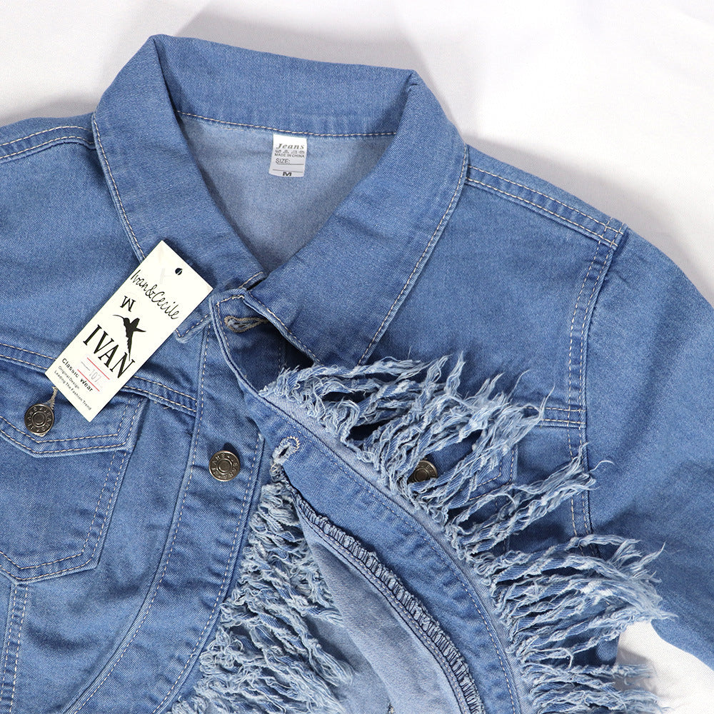 Women Denim Casual Stretchy Tassel Top and Skirt Two-Piece Set 13