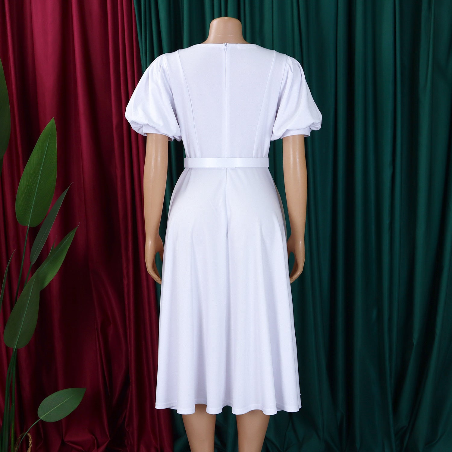 Women's Summer Trendy Puff-Sleeve Elegant High-Waist Solid Round Neck A-line African Dress 21