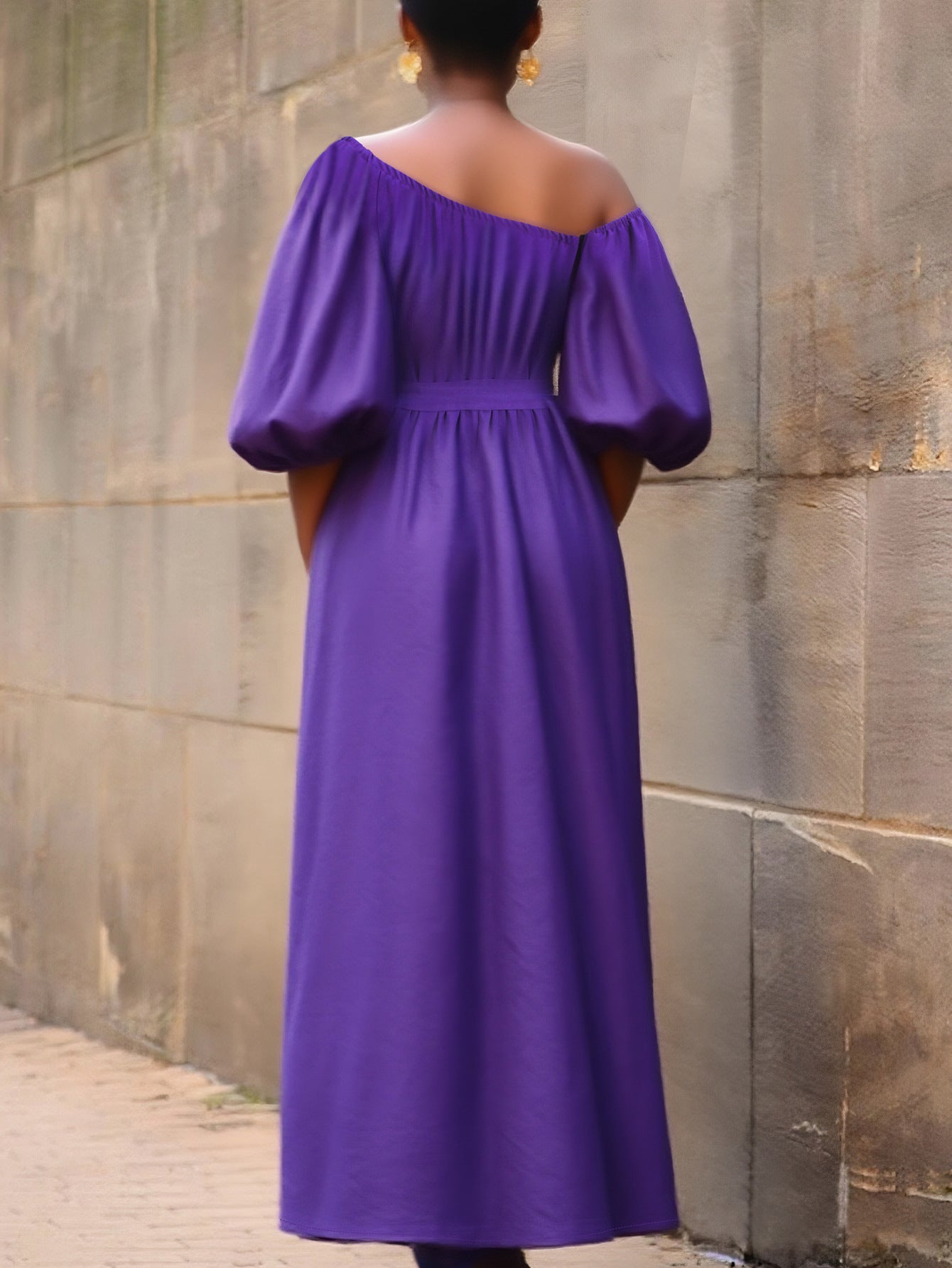 Plus-Size Women Solid Elegant Slash Shoulder Sexy Half-Sleeve Maxi Dress 3