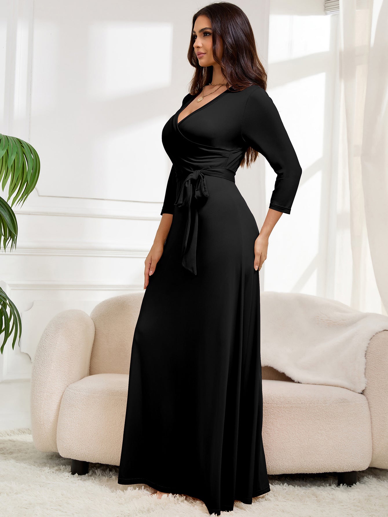 Spring And Autumn Women's Fashion Elegant V-Neck With Belt Slim Waist Plus Size Dress 3