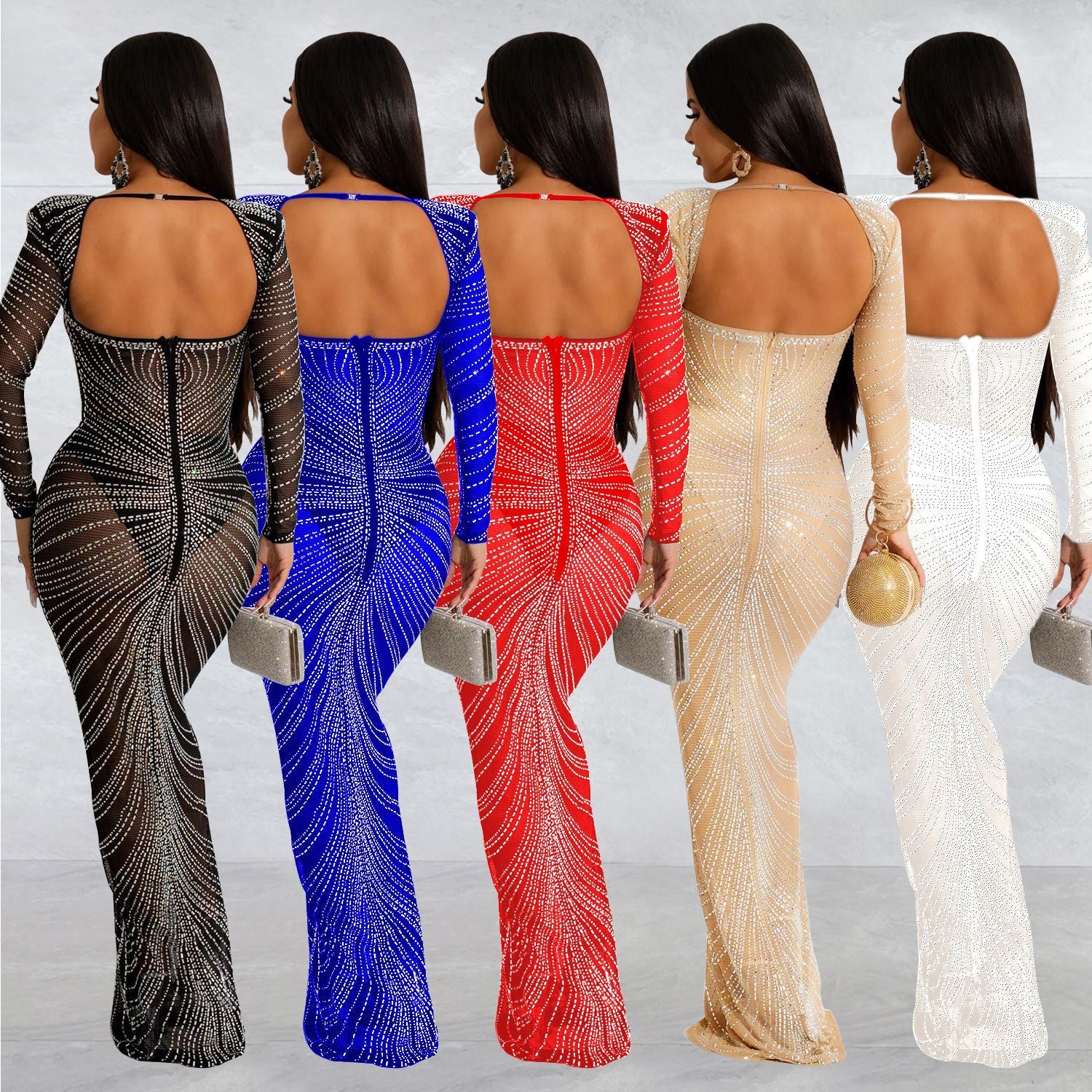 Fashion Women'S Rhinestone Beaded Mesh See-Through Long-Sleeve Backless Evening Party Long Dress 6