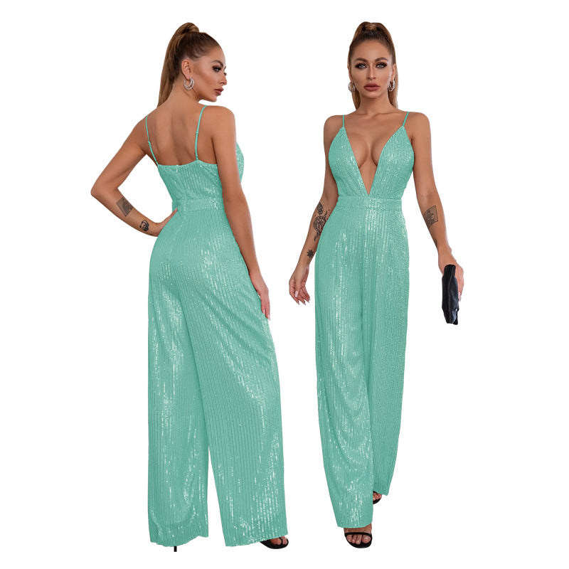 Deep V Neck Low Back Sleeveless Chic Sequined Straps Elegant Women's Party Jumpsuit 15