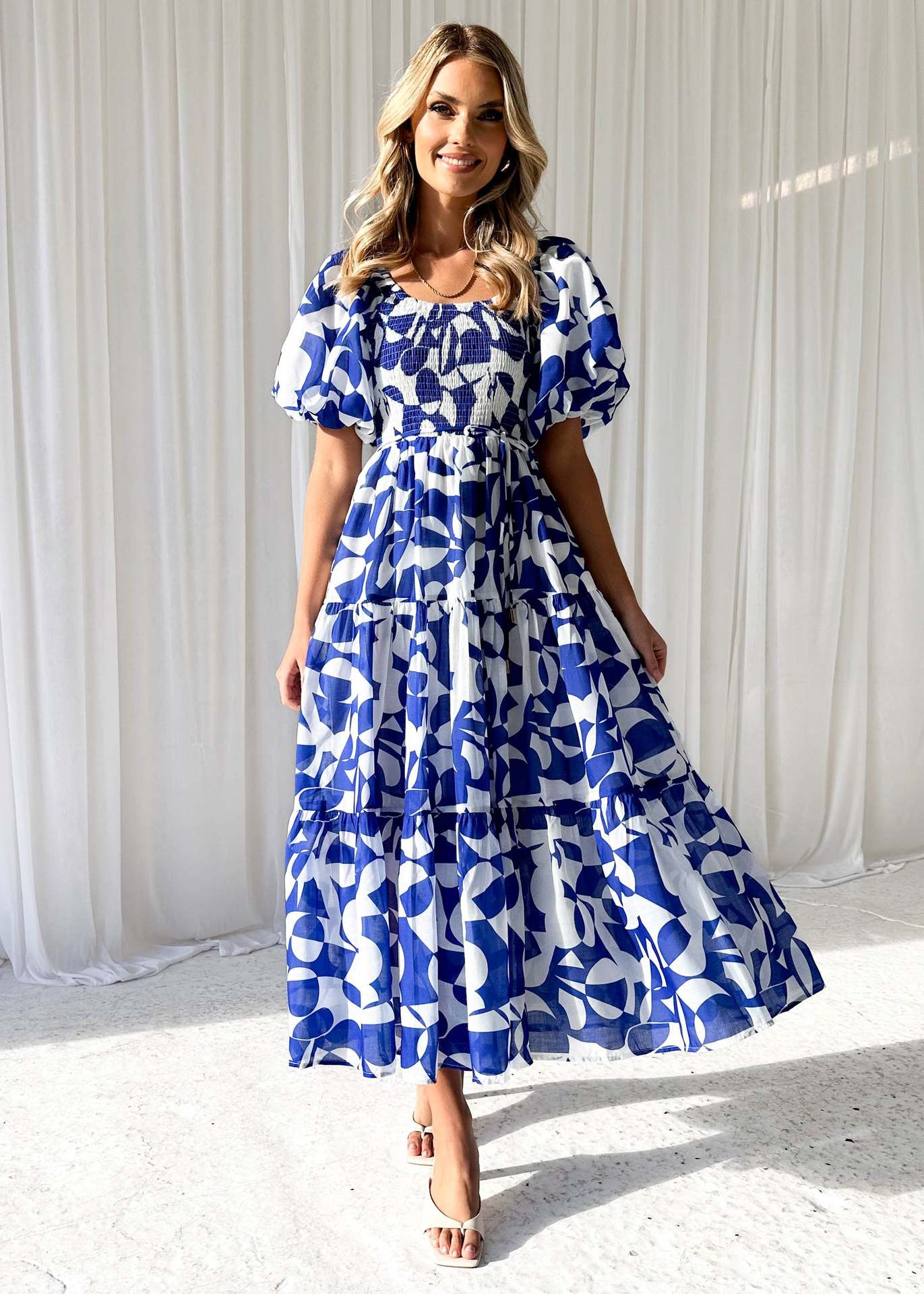 Women Elegant Print Off Shoulder Puff Sleeve Dress 5