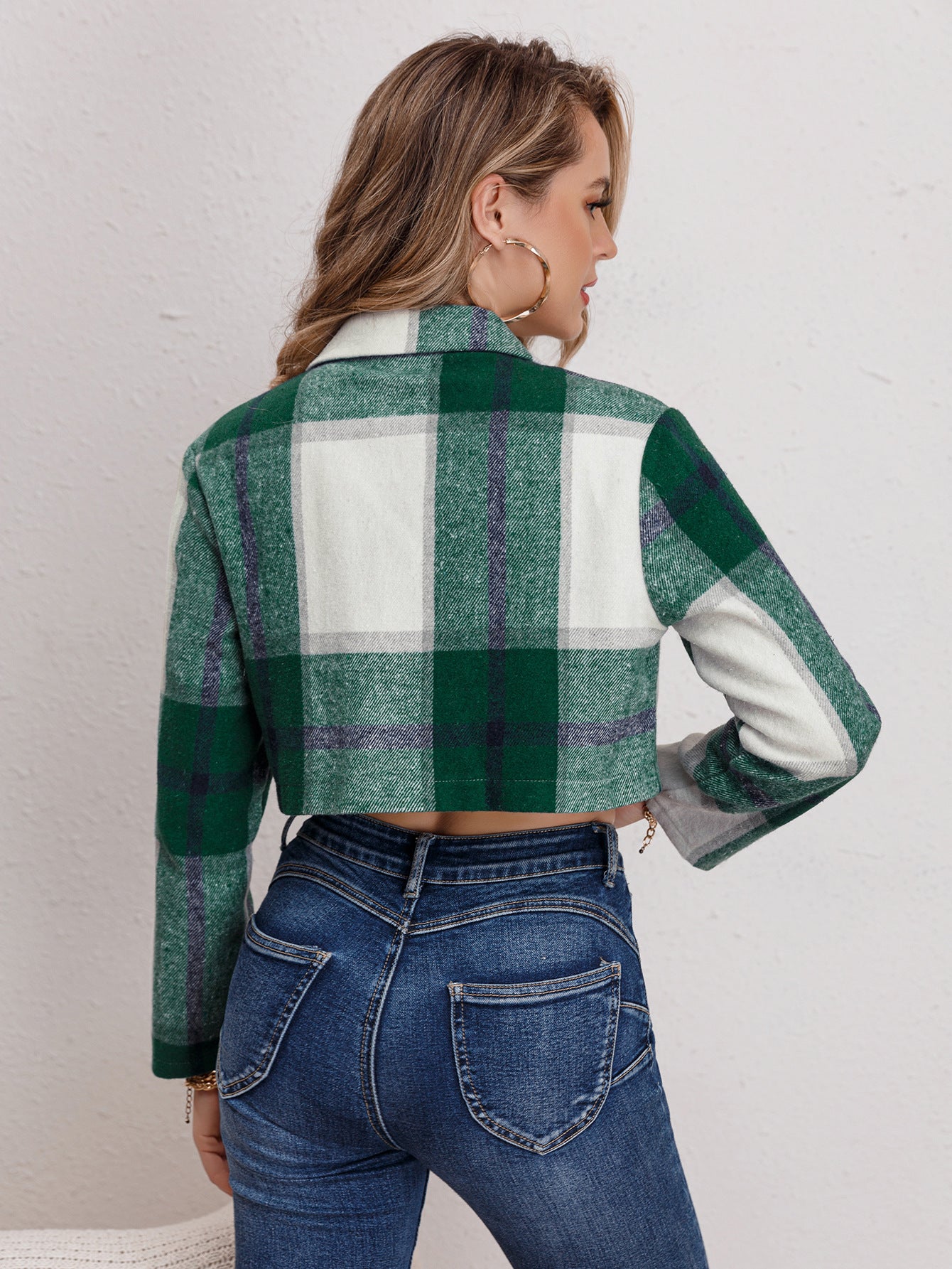 Spring Summer Women's Casual Single-Breasted Turndown Collar Plaid Long Sleeve Jacket 3