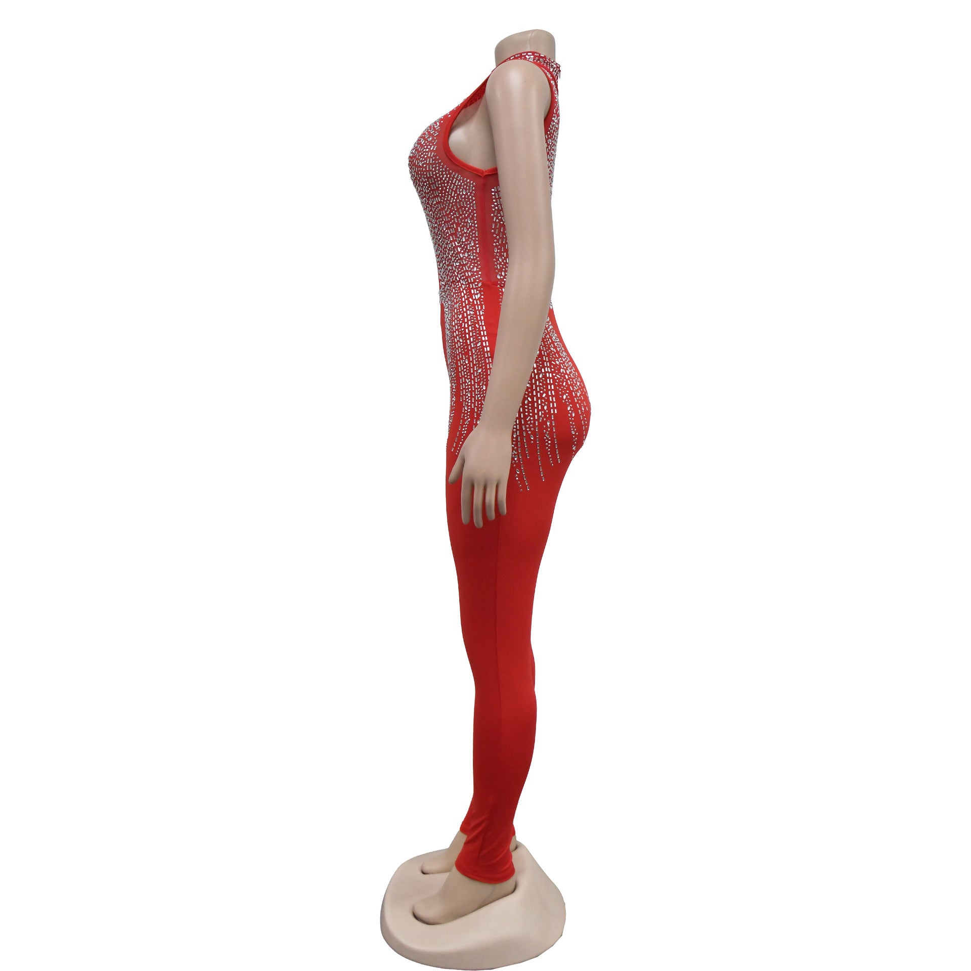 Fashion Women's Solid Color Beaded Mesh Sleeveless Jumpsuit 27