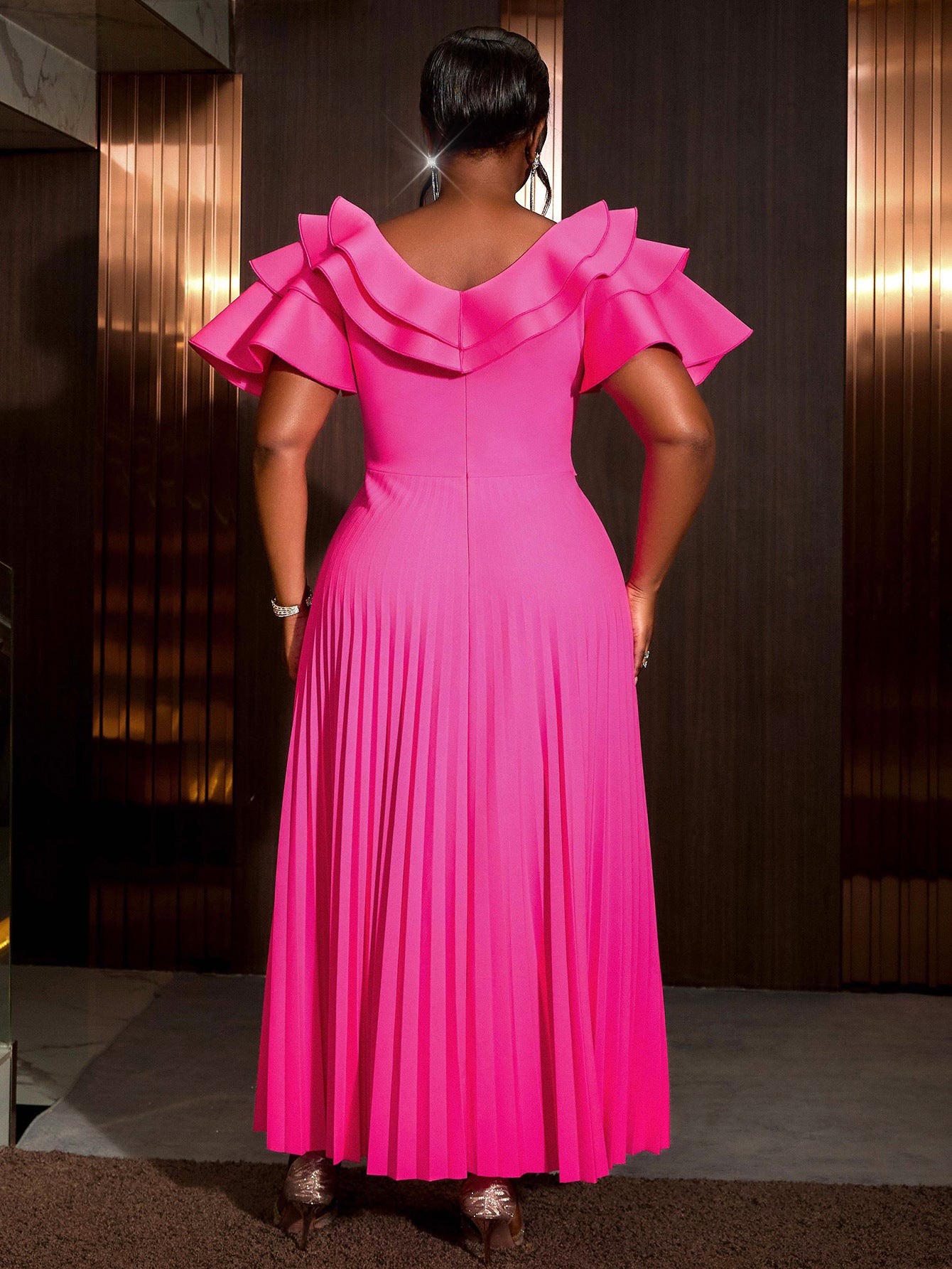 Plus Size Women elegant ruffle pleated party Dress 4