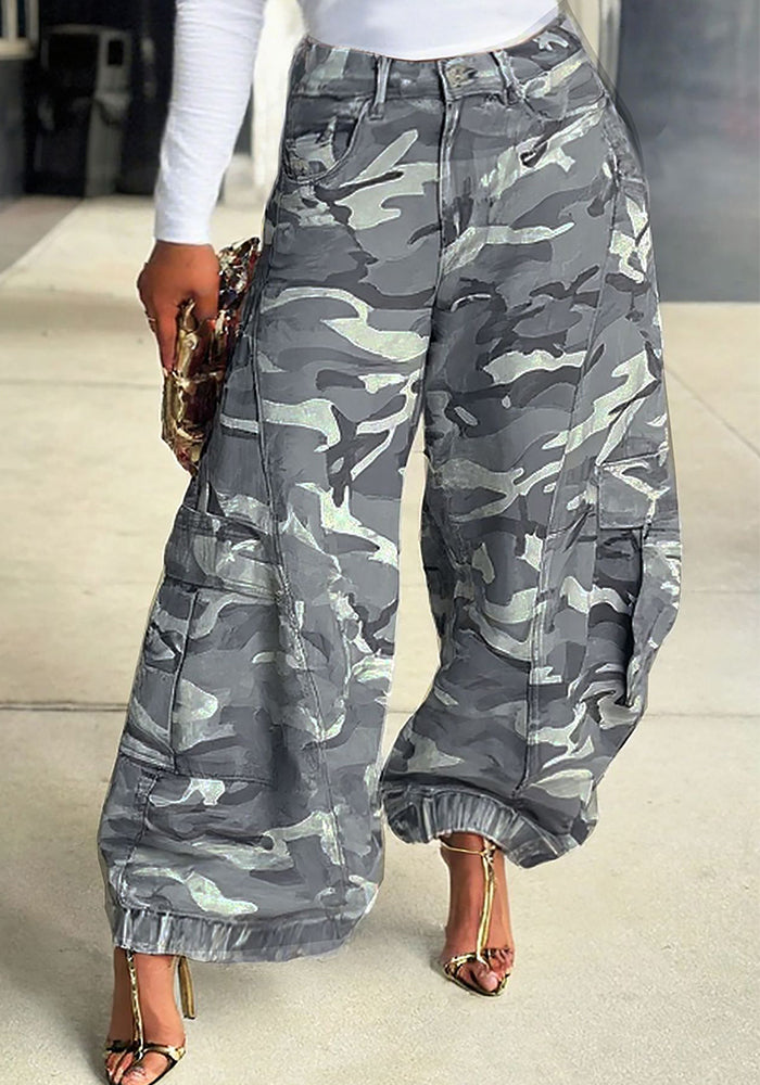 Women Camouflage Casual Cargo Denim Wide-Leg Pants