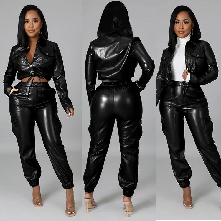 Women autumn and winter pocket pu leather top and trousers two piece set