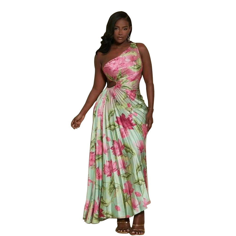 Women Printed Slash Shoulder Pleated Dress 8