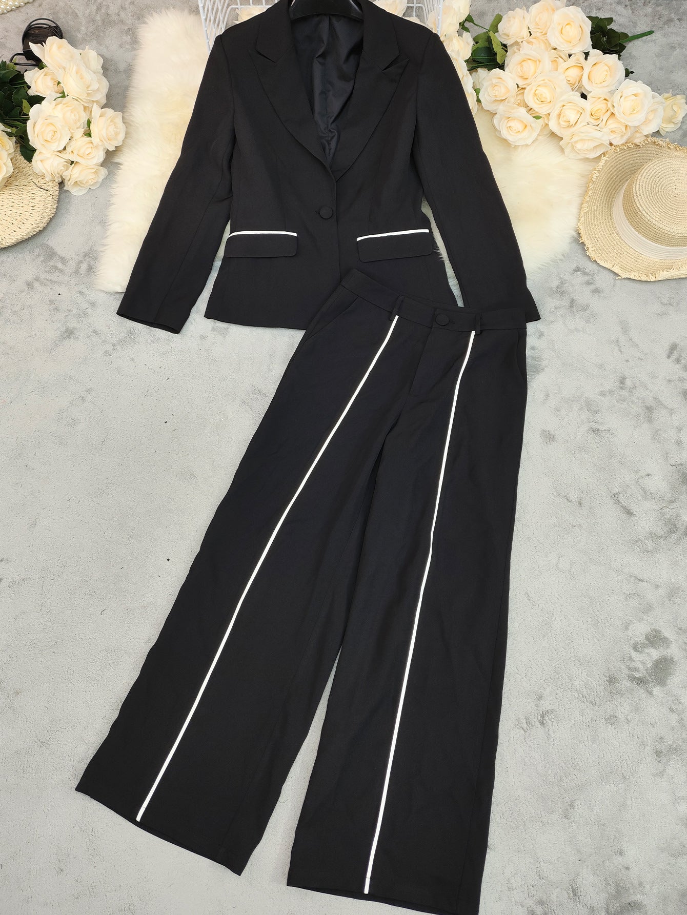 Women Blazer Jacket and Straight-Legged Pants Casual Two-Piece Set 6