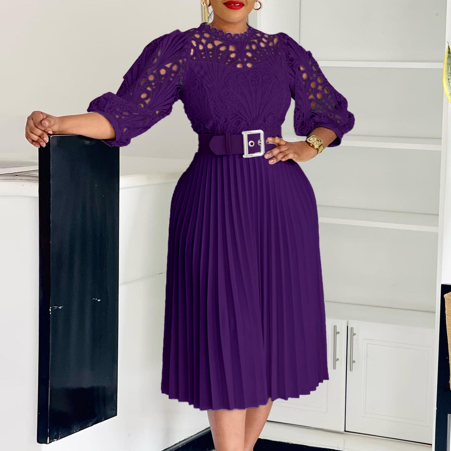 Women Solid lace hook flower hollow pleated dress 3