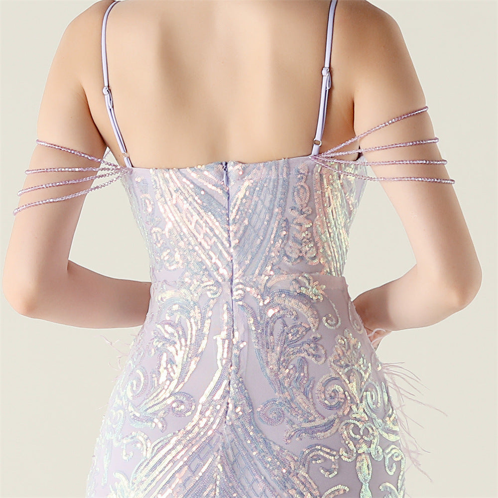 Women Beaded Feather Decoration Beaded Fishtail Evening Dress 20