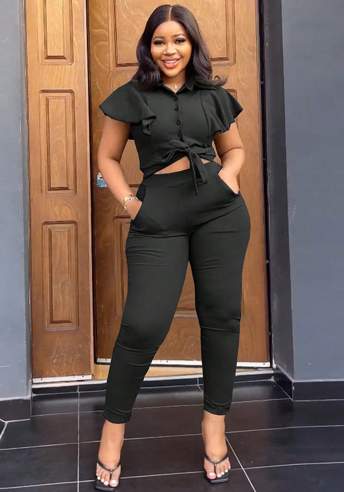 Women Turndown Collar Top and Pocket Pants Two Piece