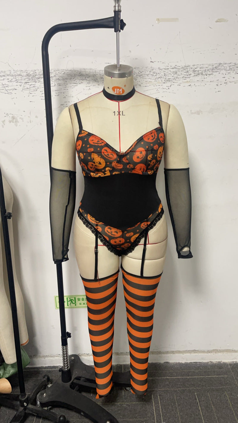 Women's Halloween Lingerie Temptation Sexy Lace Low Back Bodysuit Set 8