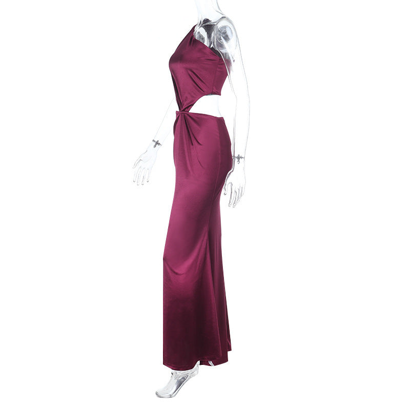 Sexy One Shoulder Hollow-Out Satin Maxi Dress Chic Gown 9
