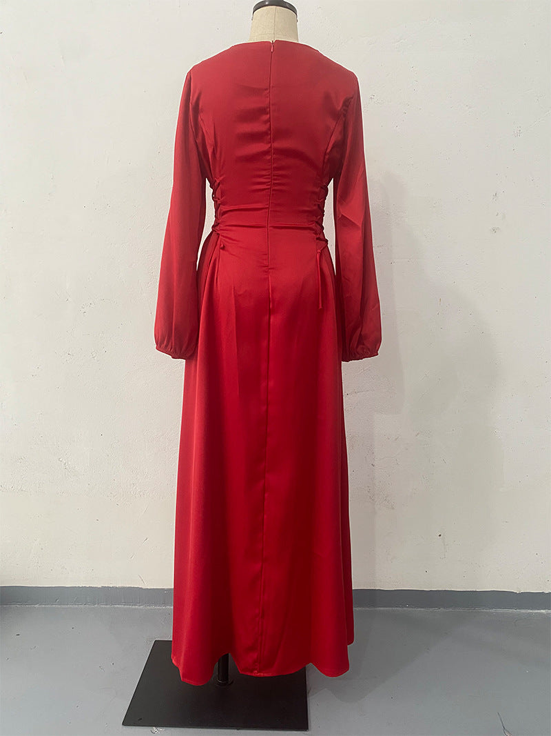 Women Spring Lace-up Puff Sleeve Dress 7