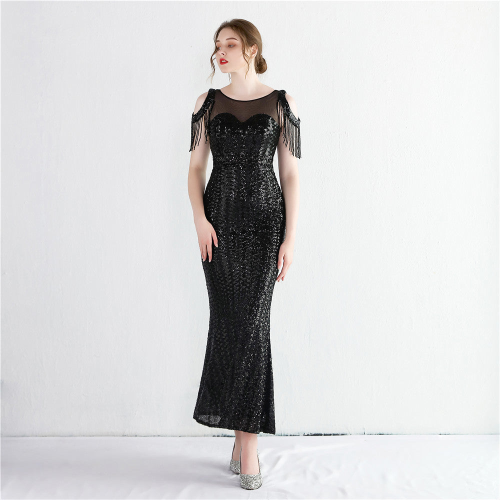 Women Symphony Sequin Strapless Short Sleeve Sequin Long Fishtail Evening Dress 6