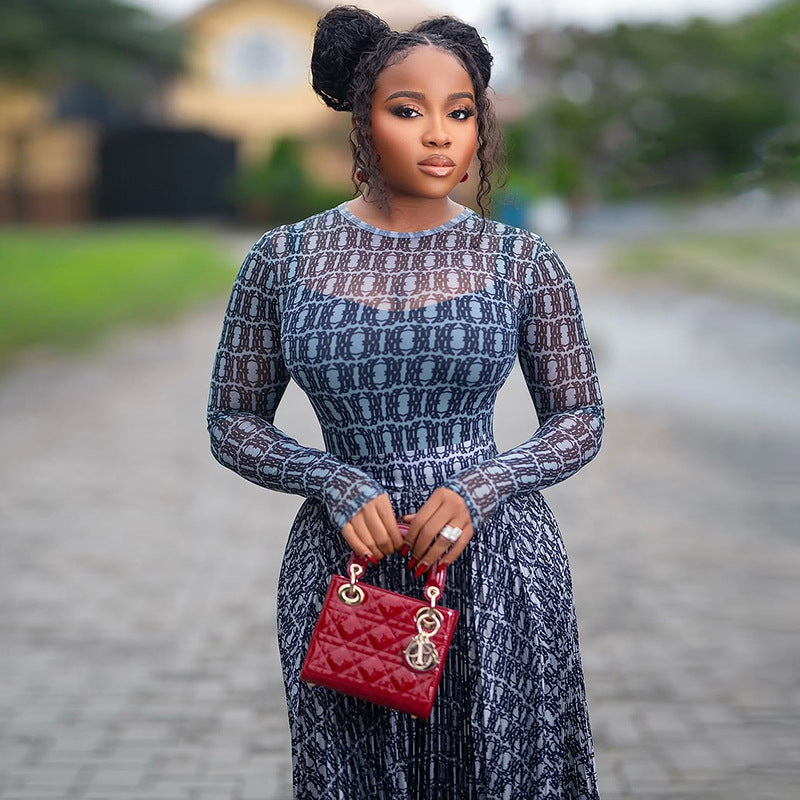 Women's Summer Print Street Round Neck Long Sleeve Slim Waist Sheer A-Line Dress 5