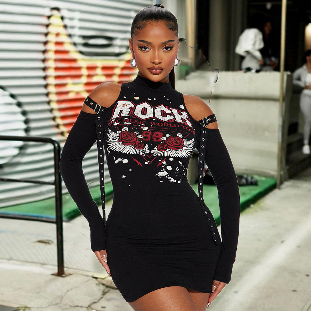 Women Spring Printed Half Turtle Neck Off Shoulder Long Sleeve Dress 7